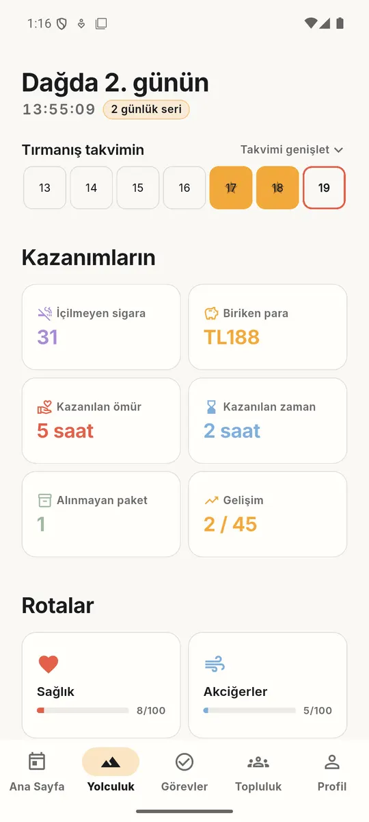 Kazanımların gün gün: içilmeyen sigara, biriken para, geri alınan ömür.